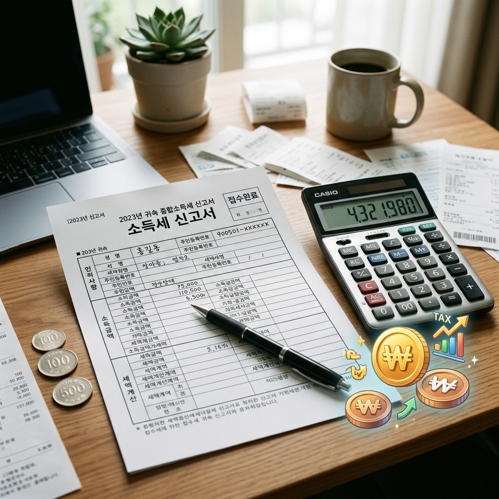 Korean income tax return form with pen, calculator, receipts, coins, laptop, and coffee cup