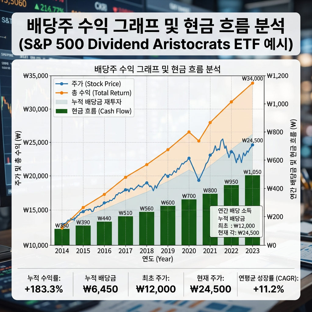 Graph showing stock price, total return, accumulated dividends reinvested, and cash flow for S&P 500 Dividend Aristocrats ETF from 2014 to 2023