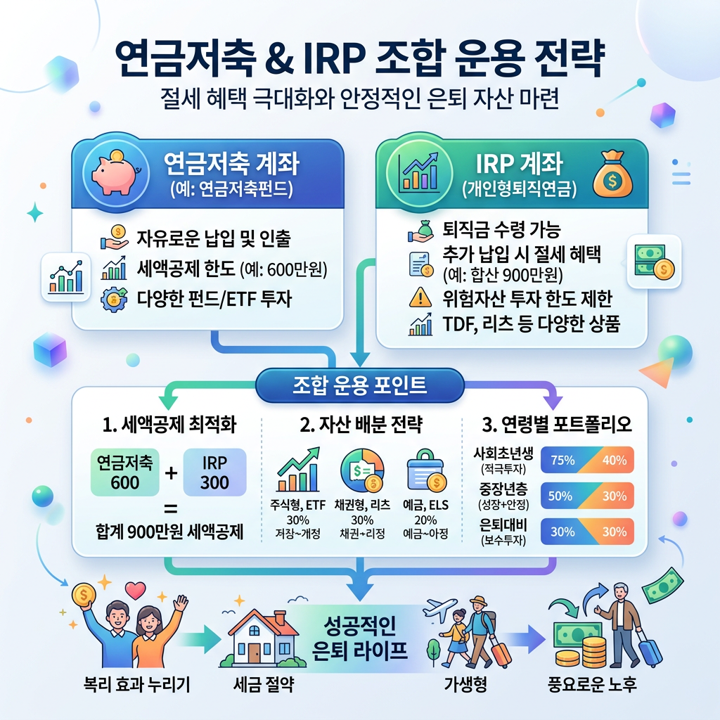 Infographic detailing pension savings and IRP account features, tax benefits, asset allocation, and portfolio strategies by age group.