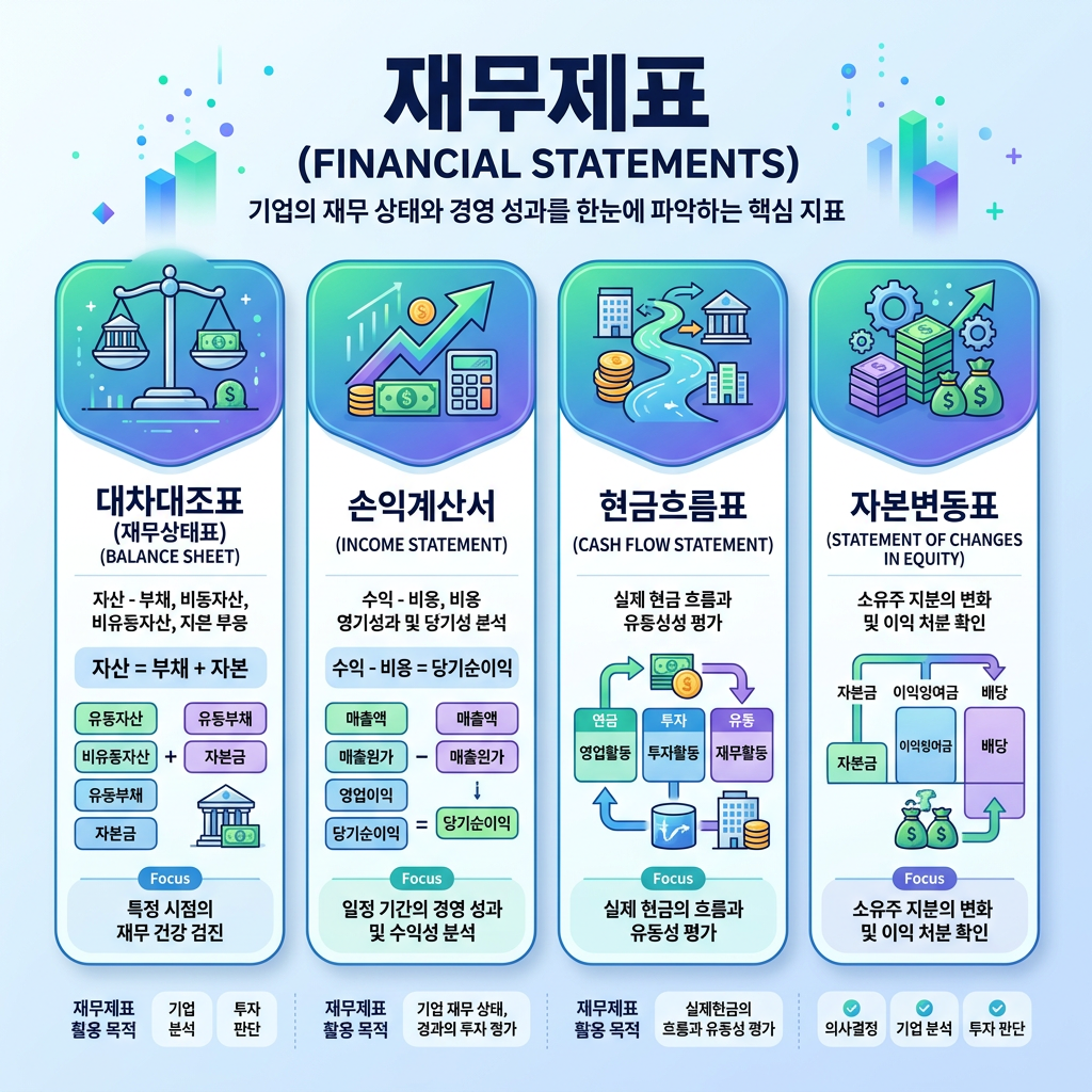 Four key financial statements with descriptions in Korean and English: balance sheet, income statement, cash flow statement, and statement of changes in equity.