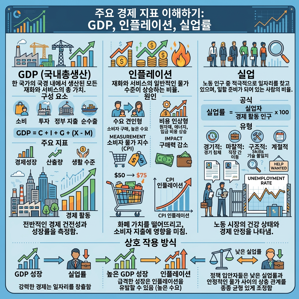 Infographic explaining GDP, inflation, and unemployment with definitions, formulas, causes, impacts, and interactions