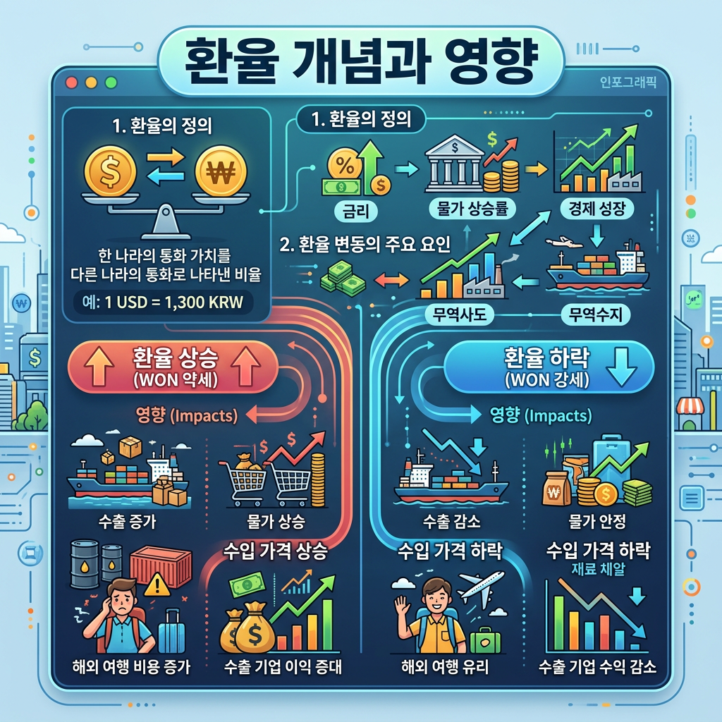 환율 개념 및 상승과 하락에 따른 경제적 영향 인포그래픽