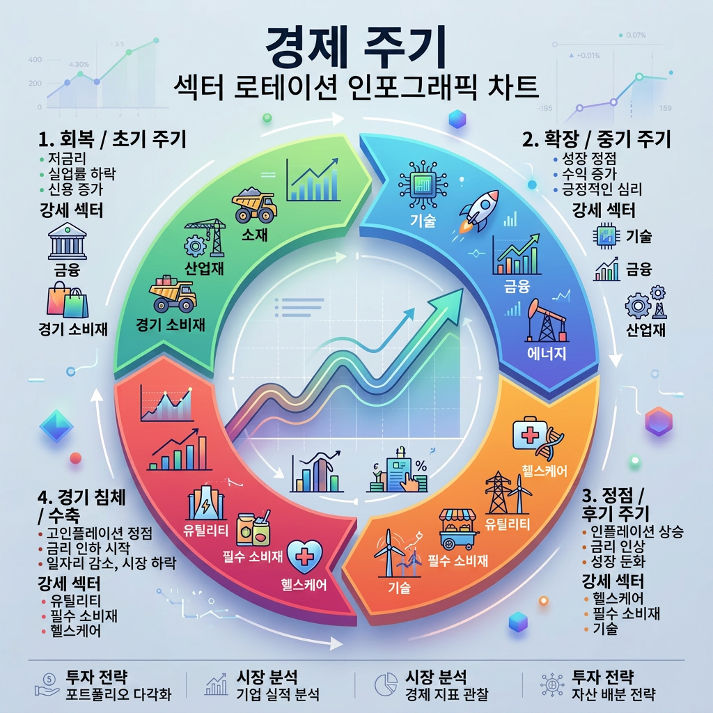 Infographic showing economic cycle phases with strong sectors and characteristics