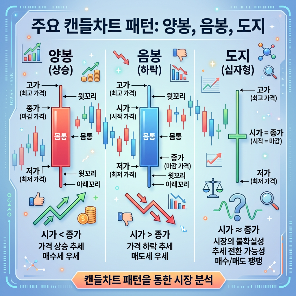 Illustration showing three candlestick chart patterns: bullish, bearish, and doji with Korean text labels