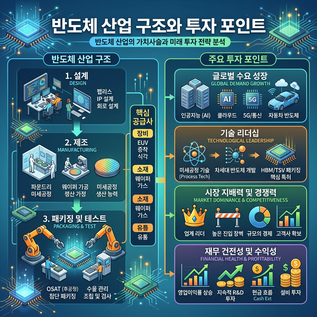 Semiconductor industry structure and investment points including design, manufacturing, packaging, demand growth, technology leadership, market competitiveness, and financial health