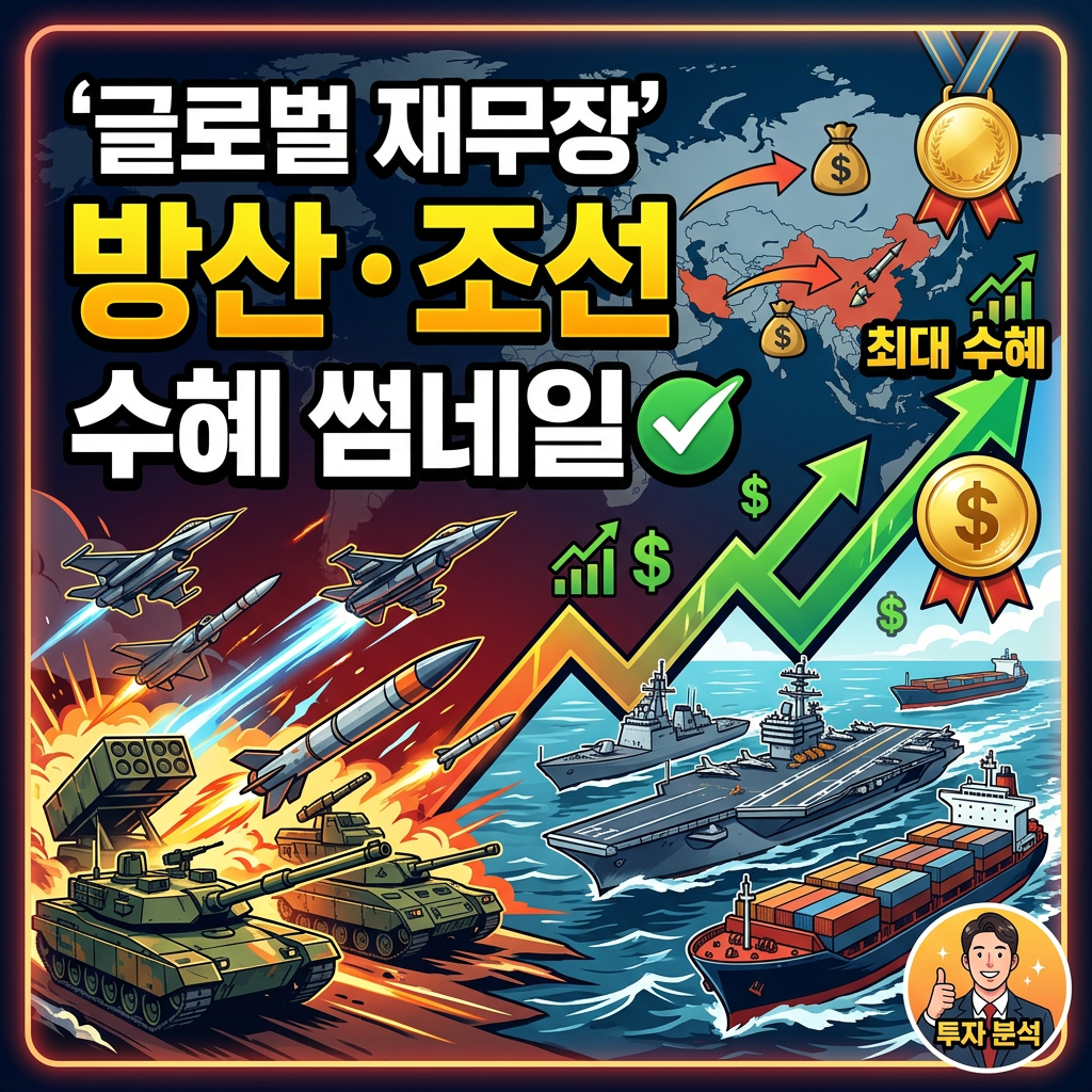 Military tanks, missiles, fighter jets, warships, cargo ships, and an upward financial growth chart with dollar signs.